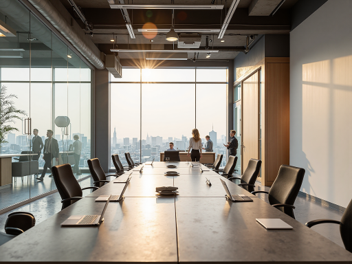 现代化办公环境展示,宽敞明亮的会议室,配备先进设备,员工正在开会讨论,体现专业高效的工作氛围